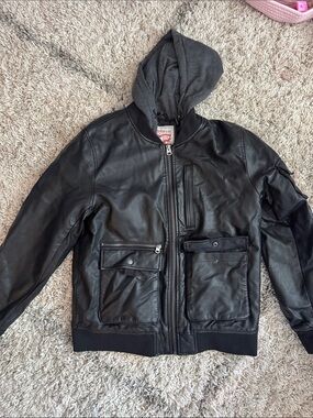 Levi's Black Faux Leather Bomber Jacket with Gray Hood
